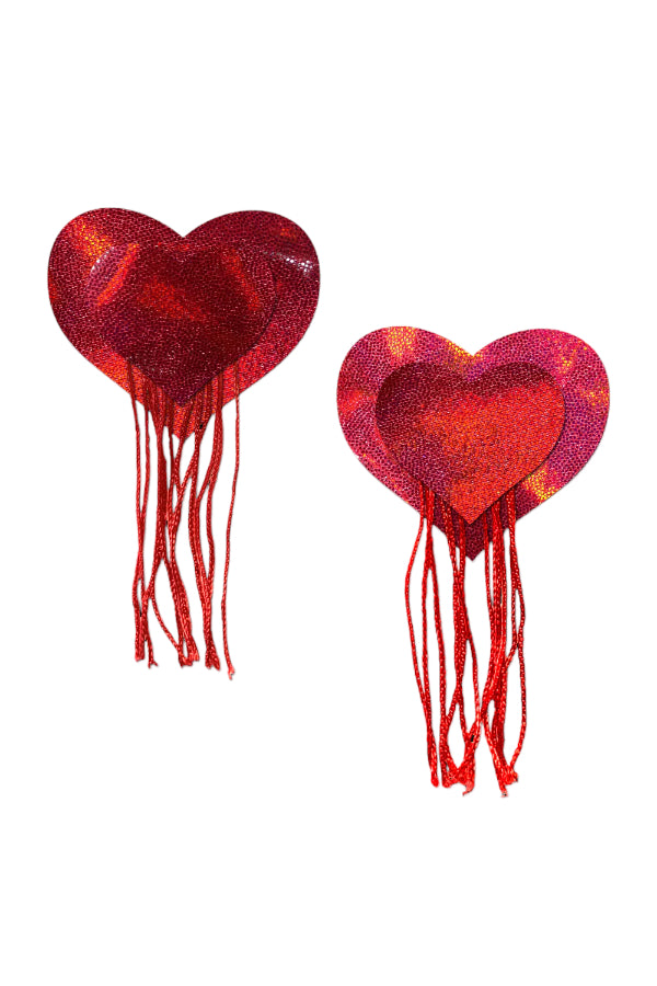 Red Holographic Hearts with Tassel Fringe Pasties - Pastease