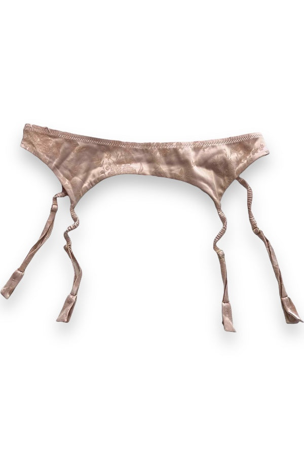 Floral Embossed Satin Garter Belt - Beige