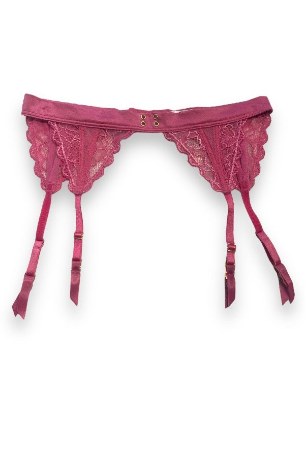 Satin and Lace Triangle Garter Belt - Fuchsia