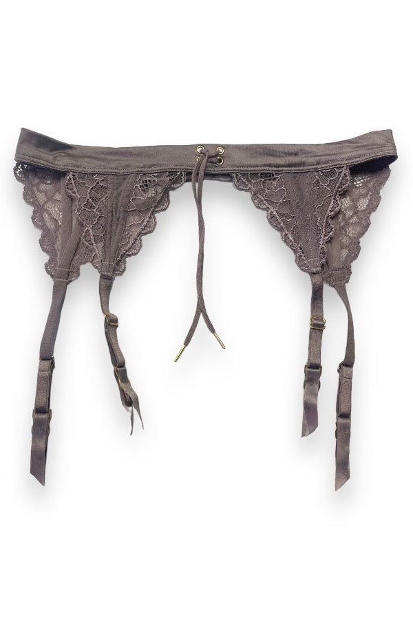 Satin and Lace Triangle Garter Belt - Charcoal