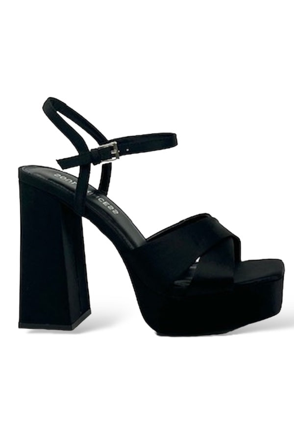 Satin Platform Strappy High Heels - Black