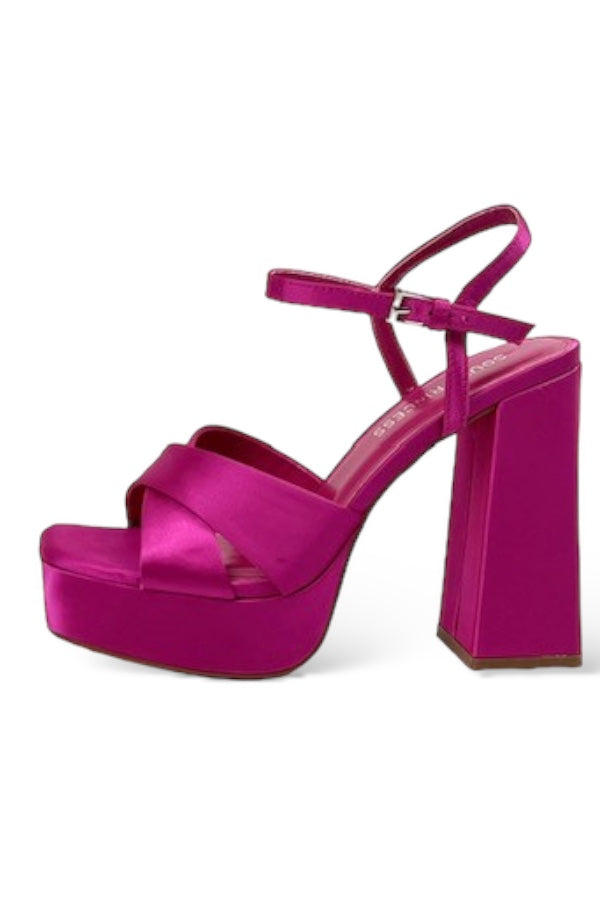 Satin Platform Strappy High Heels - Fuchsia