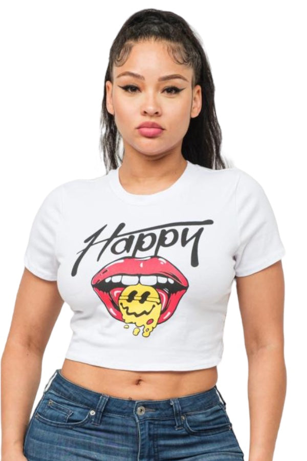 Crazy Happy Graphic Cropped Tee