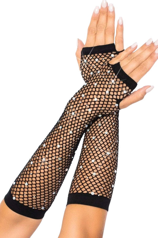 Rhinestone Fishnet Arm Warmers Black