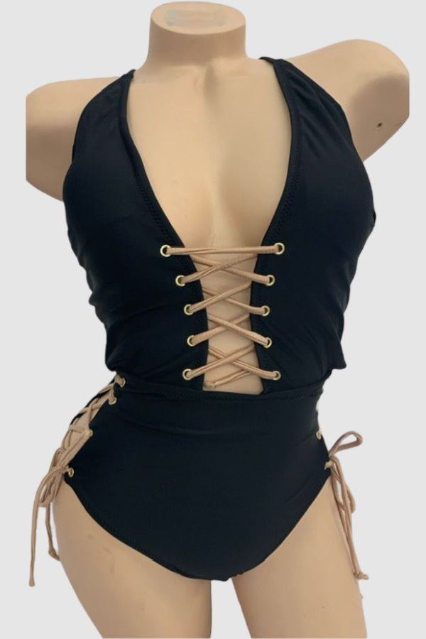 Lace Up Halter One Piece Swimsuit