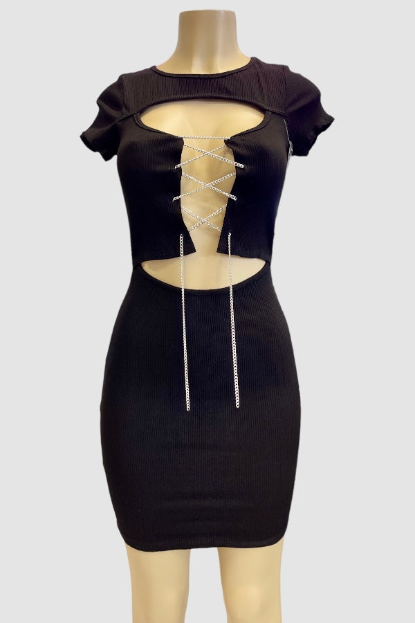 Chain Laced Up Cut Out Ribbed Dress