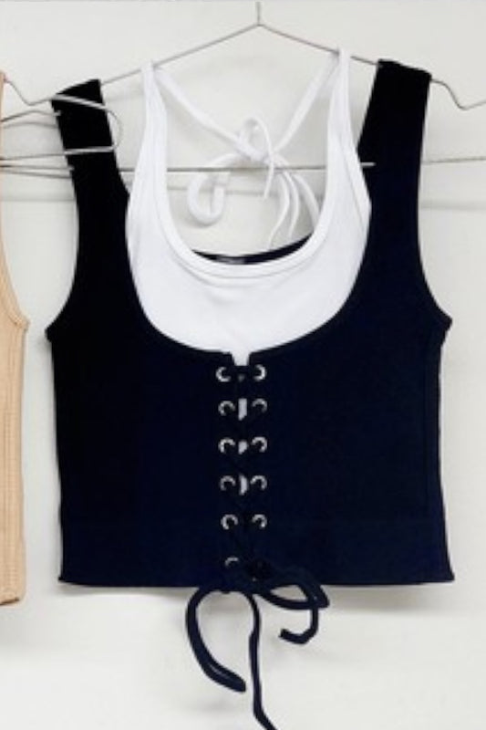 Double Layer Corset Lace Up Crop Tank