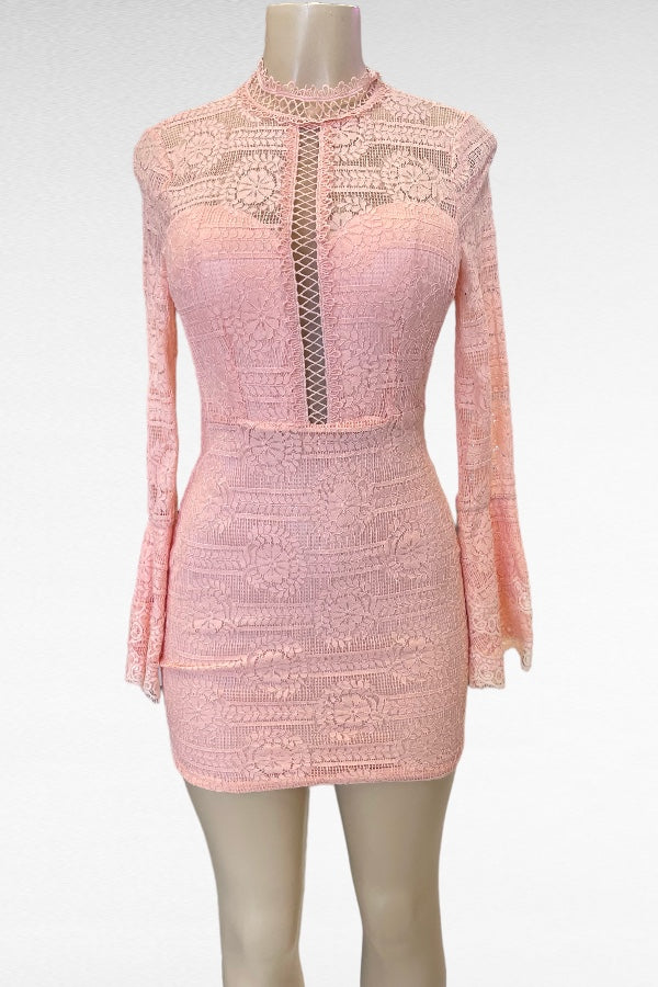 Mockneck Lace Dress W/ Flounce Long Sleeves