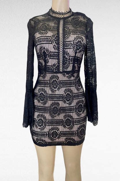 Mockneck Lace Dress W/ Flounce Long Sleeves