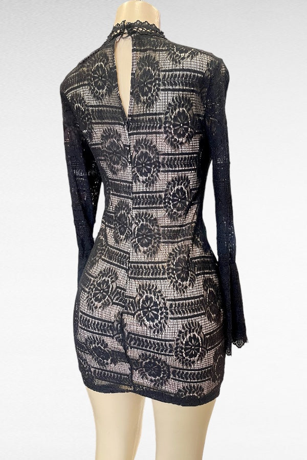 Mockneck Lace Dress W/ Flounce Long Sleeves