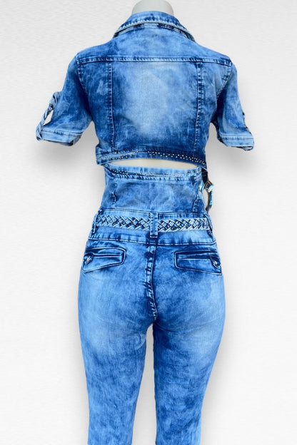 Braided Studded Denim Jumpsuit