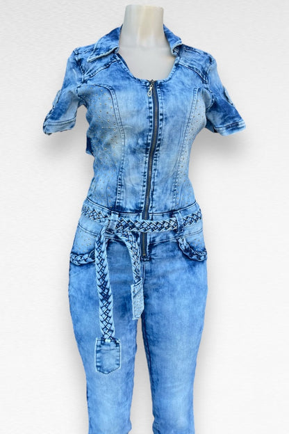 Braided Studded Denim Jumpsuit