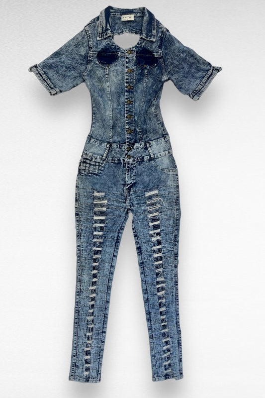 Distressed With Bows Denim Jumpsuit