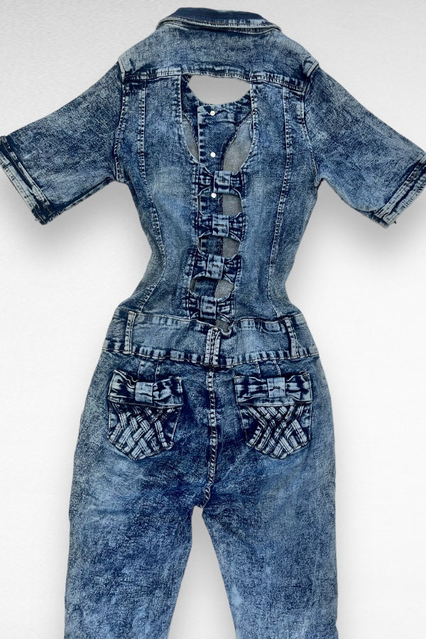 Distressed With Bows Denim Jumpsuit