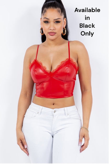 Faux Leather Crop Top W/ Eyelash Trim
