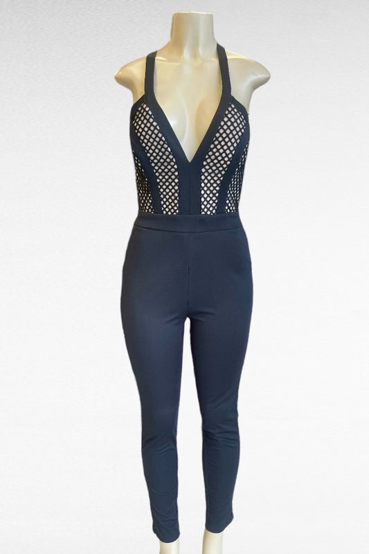 Deep V Large Mesh Cross Back Jumpsuit