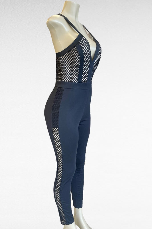 Deep V Large Mesh Cross Back Jumpsuit