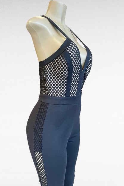 Deep V Large Mesh Cross Back Jumpsuit