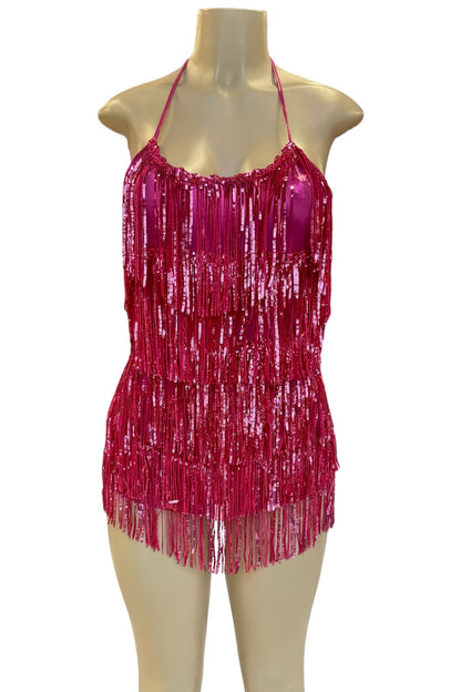 Fringe Sequin Romper Halter Dress