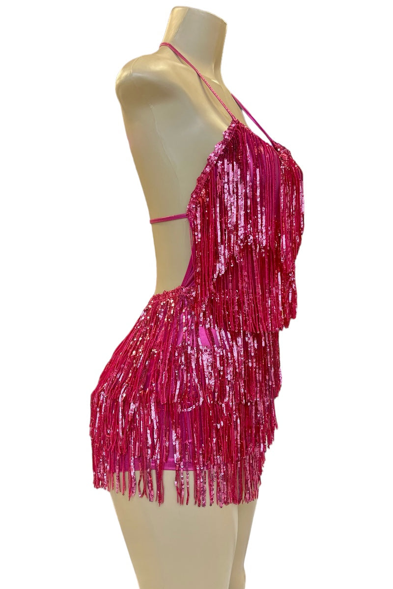 Fringe Sequin Romper Halter Dress