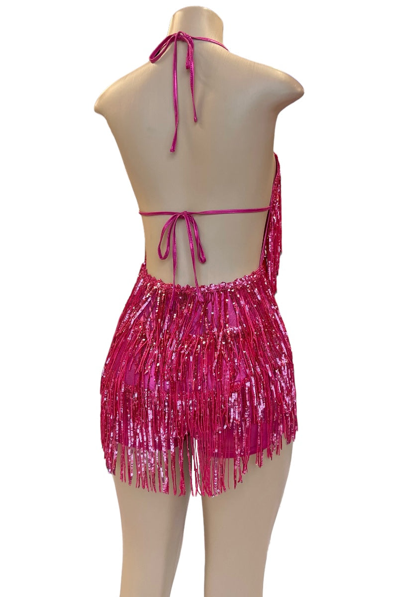 Fringe Sequin Romper Halter Dress