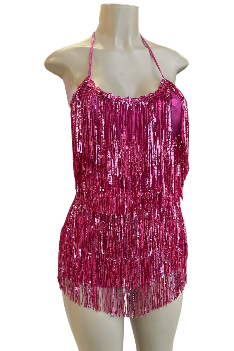 Fringe Sequin Romper Halter Dress