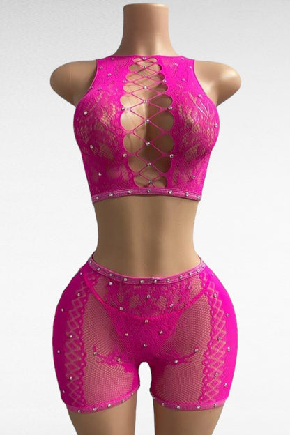 2 Piece Rhinestone Lingerie Set - Fuchsia