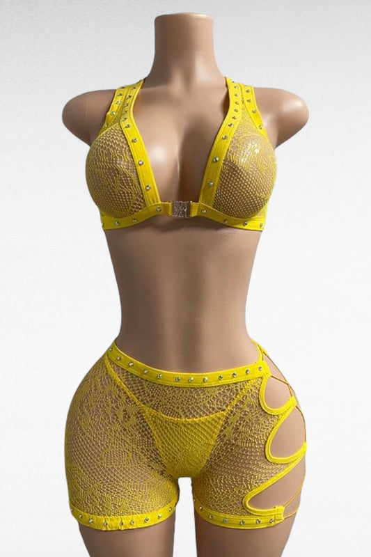 Buckle Up Studded Lace Shorts Set - Yellow