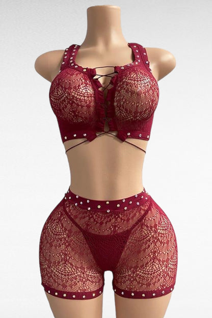 Rhinestone Lace Up Shorts Set - Burgundy
