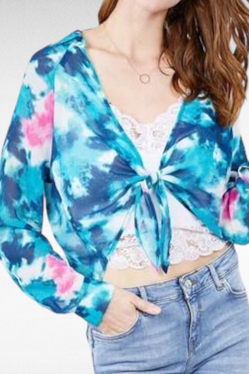 Watercolor Chiffon Self Tie Top - Blue/Pink