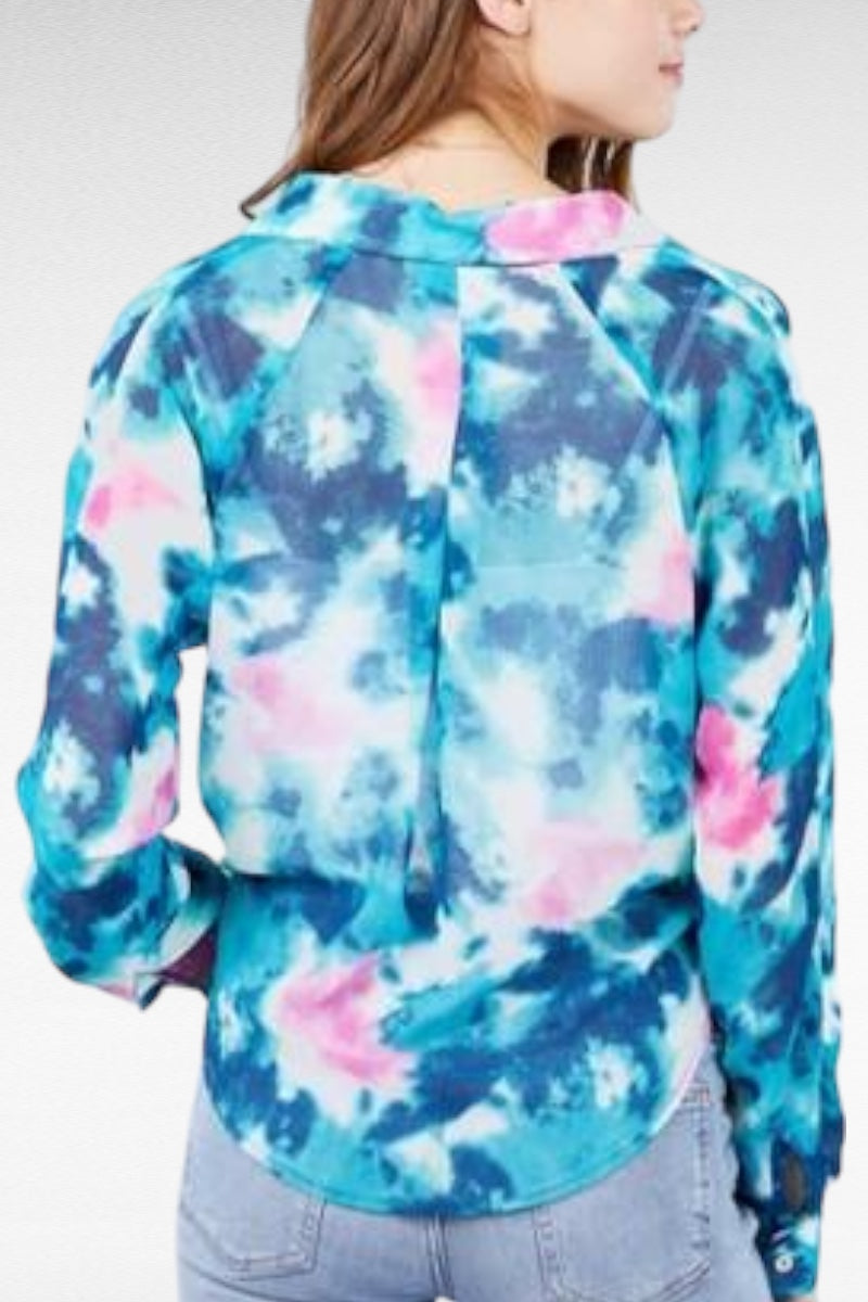 Watercolor Chiffon Self Tie Top - Blue/Pink