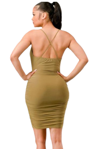 Strappy Ruched Cowl Neck Dress