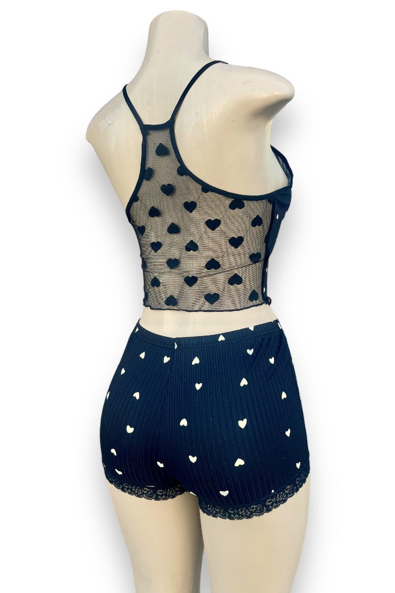 Heart Print W/ Lace Trim Set - Black