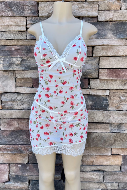 Red Floral Mesh Babydoll Set