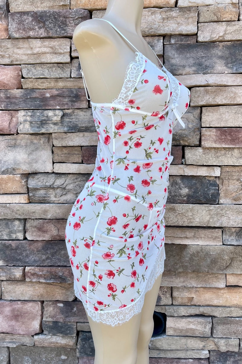 Red Floral Mesh Babydoll Set