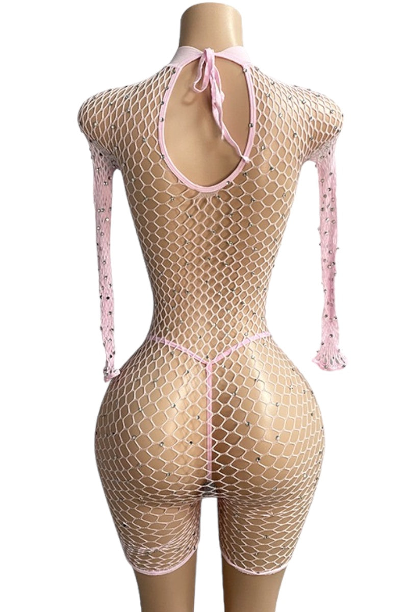 Long Sleeve Fishnet Rhinestone Romper