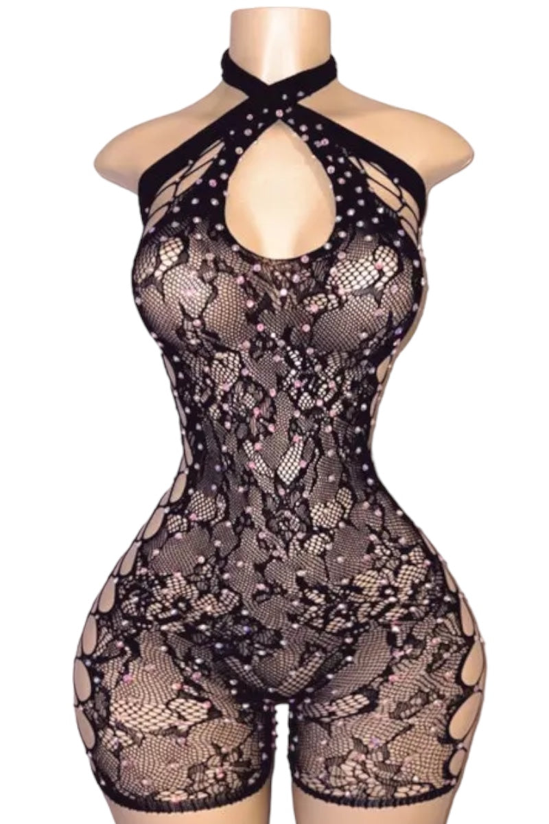 Halter Lace Rhinestone Romper