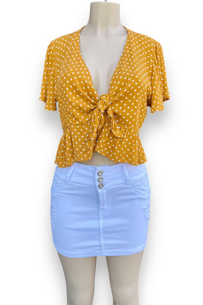 Dotted Ruffled Front Tie Top