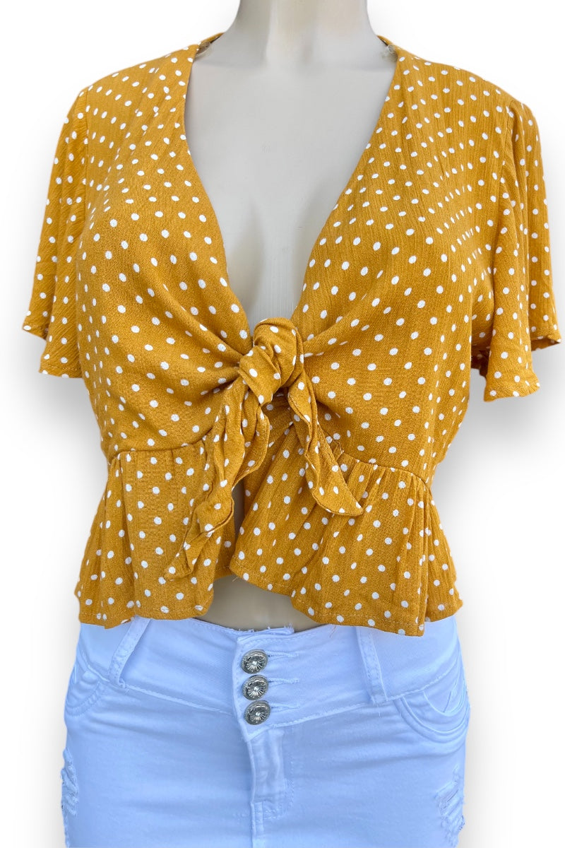 Dotted Ruffled Front Tie Top