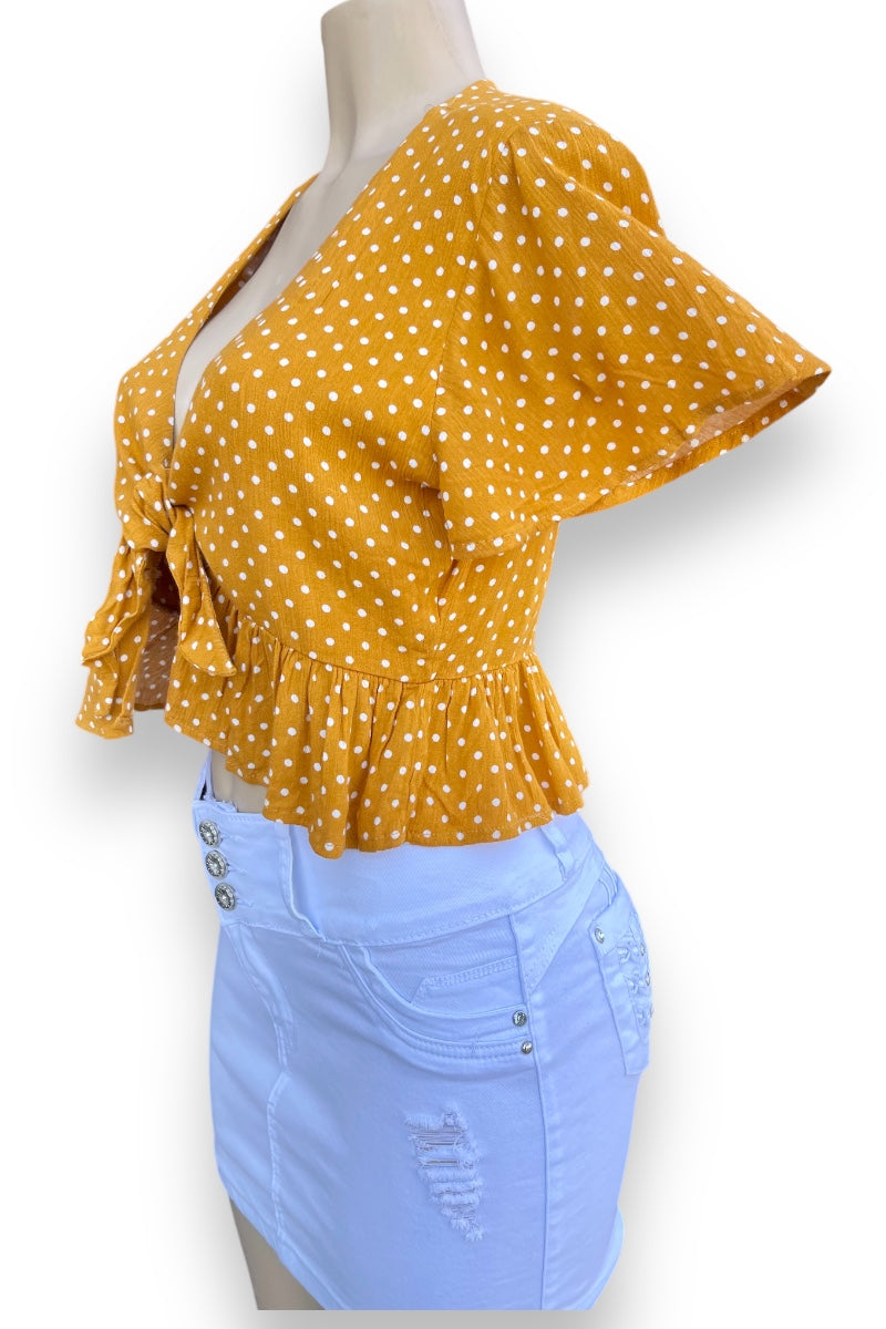 Dotted Ruffled Front Tie Top