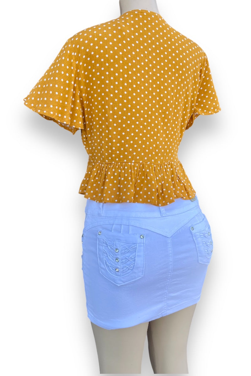 Dotted Ruffled Front Tie Top