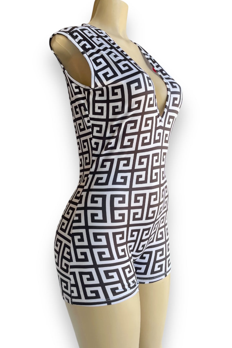 Greek Print Sleeveless Romper