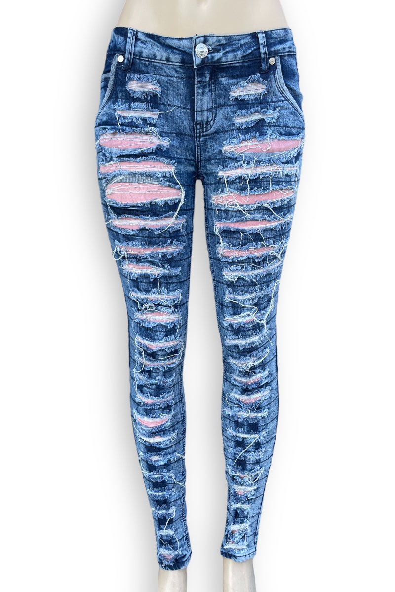 Vintage Distressed With Pink Insert Jeans