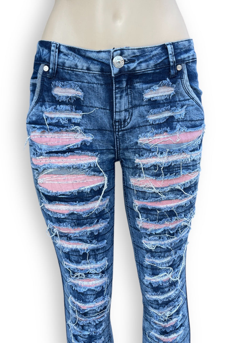 Vintage Distressed With Pink Insert Jeans