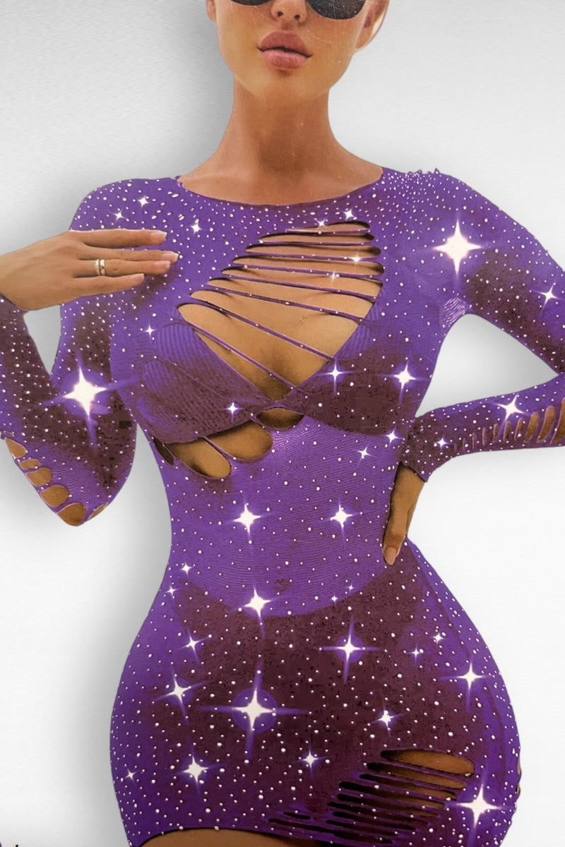 Cut Open Long Sleeve Rhinestone Dress - Purple