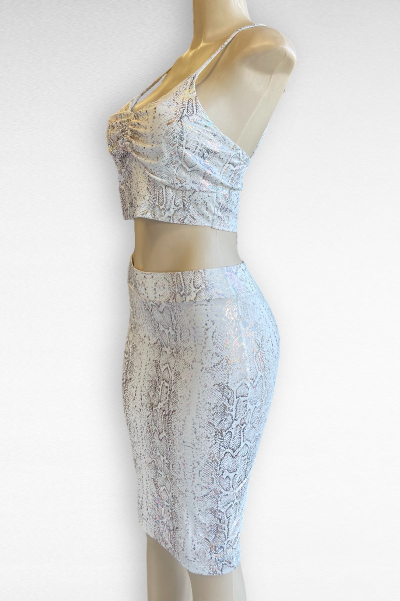 Shiny Snake Print Crop Top and Midi Skirt Matching Set