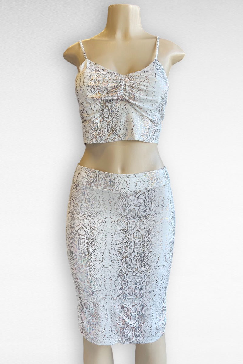 Shiny Snake Print Crop Top and Midi Skirt Matching Set