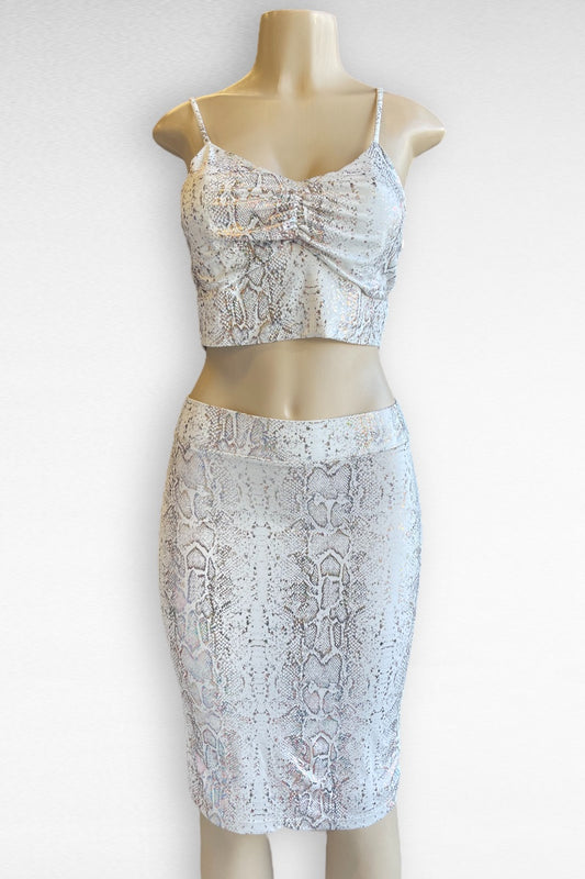 Shiny Snake Print Crop Top and Midi Skirt Matching Set