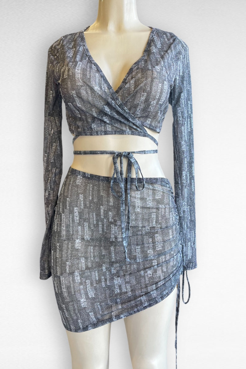 Glitter Mesh Matching Top And Skirt Set -Grey