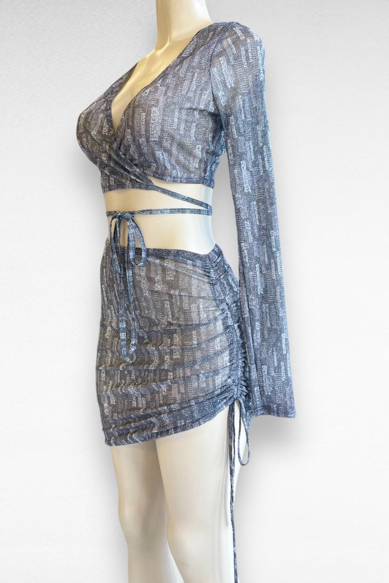 Glitter Mesh Matching Top And Skirt Set -Grey